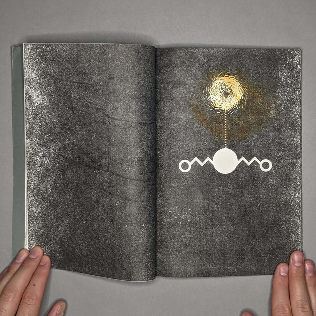 Terra Nullius inside spread, depicting a glowing filament/firework symbol against a grainy black background.