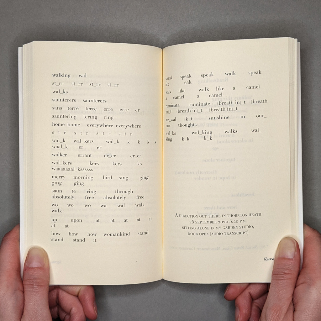 A Direction Out There: Readwalking (With) Thoreau, inside spread: a typeset transcription of a readwalking performance of Thoreau's essay, "Walking"