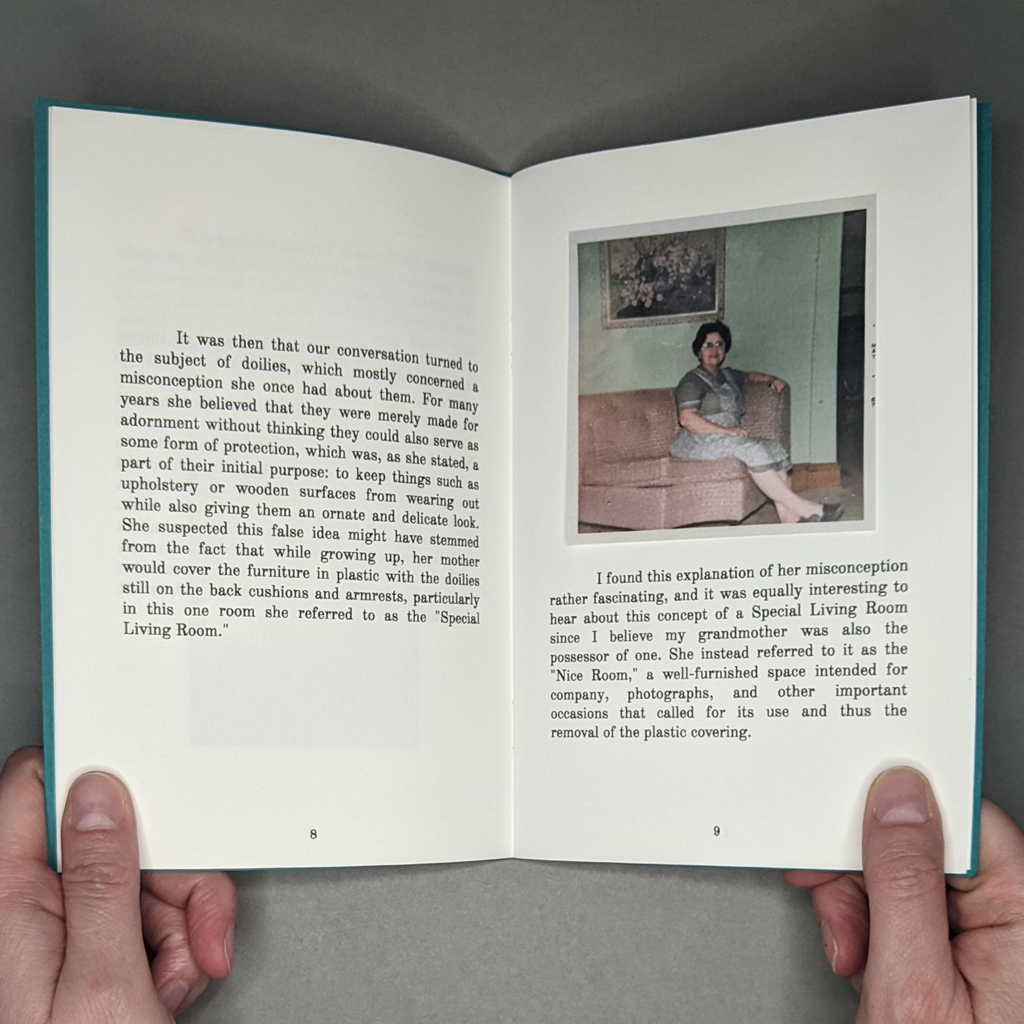 The Perverse Doilies, pp 8-9. Verso: a paragraph of text. Recto: above a paragraph of text, a tipped-in photograph of a middle-aged woman sitting on a couch in a mid-century formal living room.