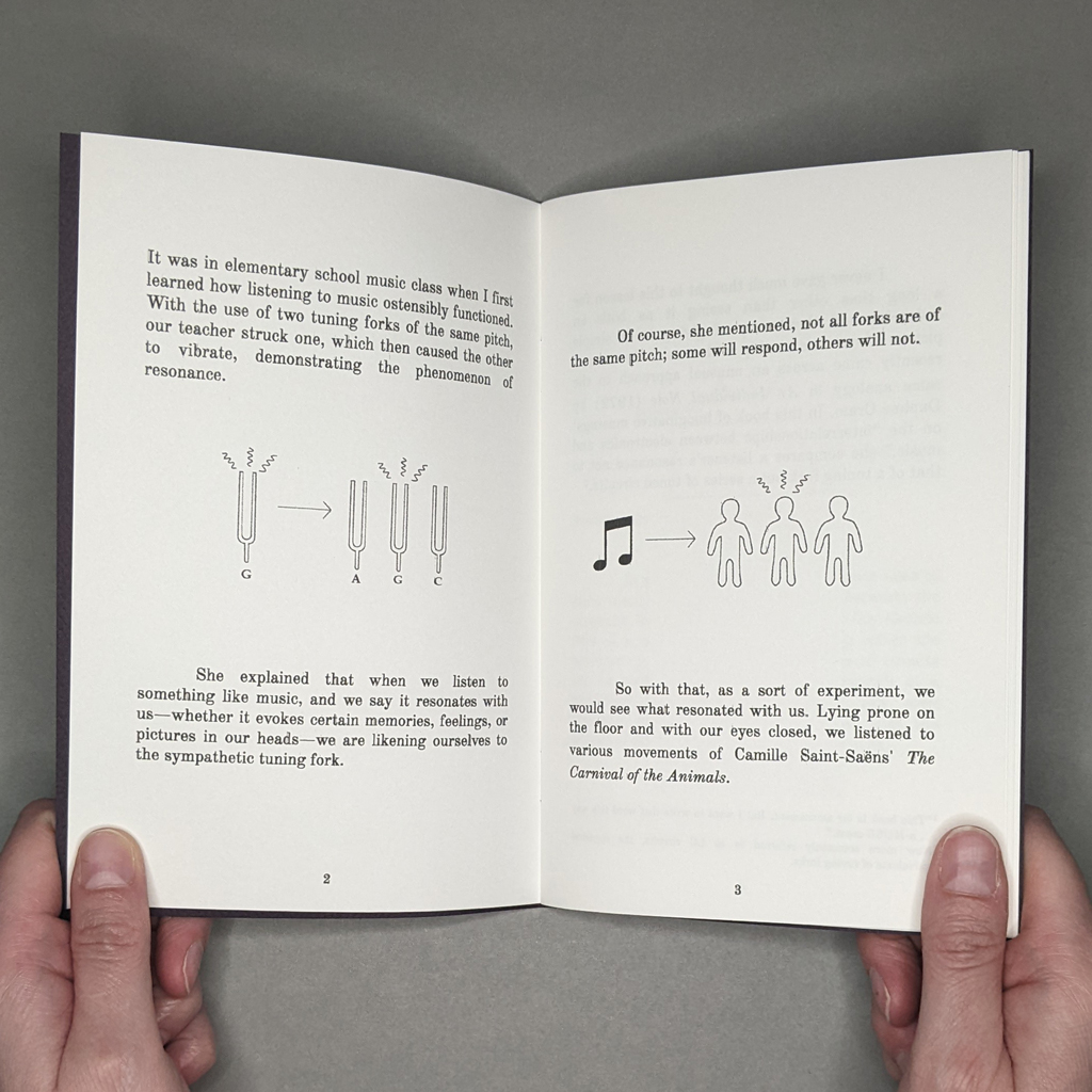 Music of the Uncanny Soundscapes, pages 2-3. Verso text and diagram explains resonance in tuning forks; Recto text and diagram explains resonance as a metaphor for music appreciation
