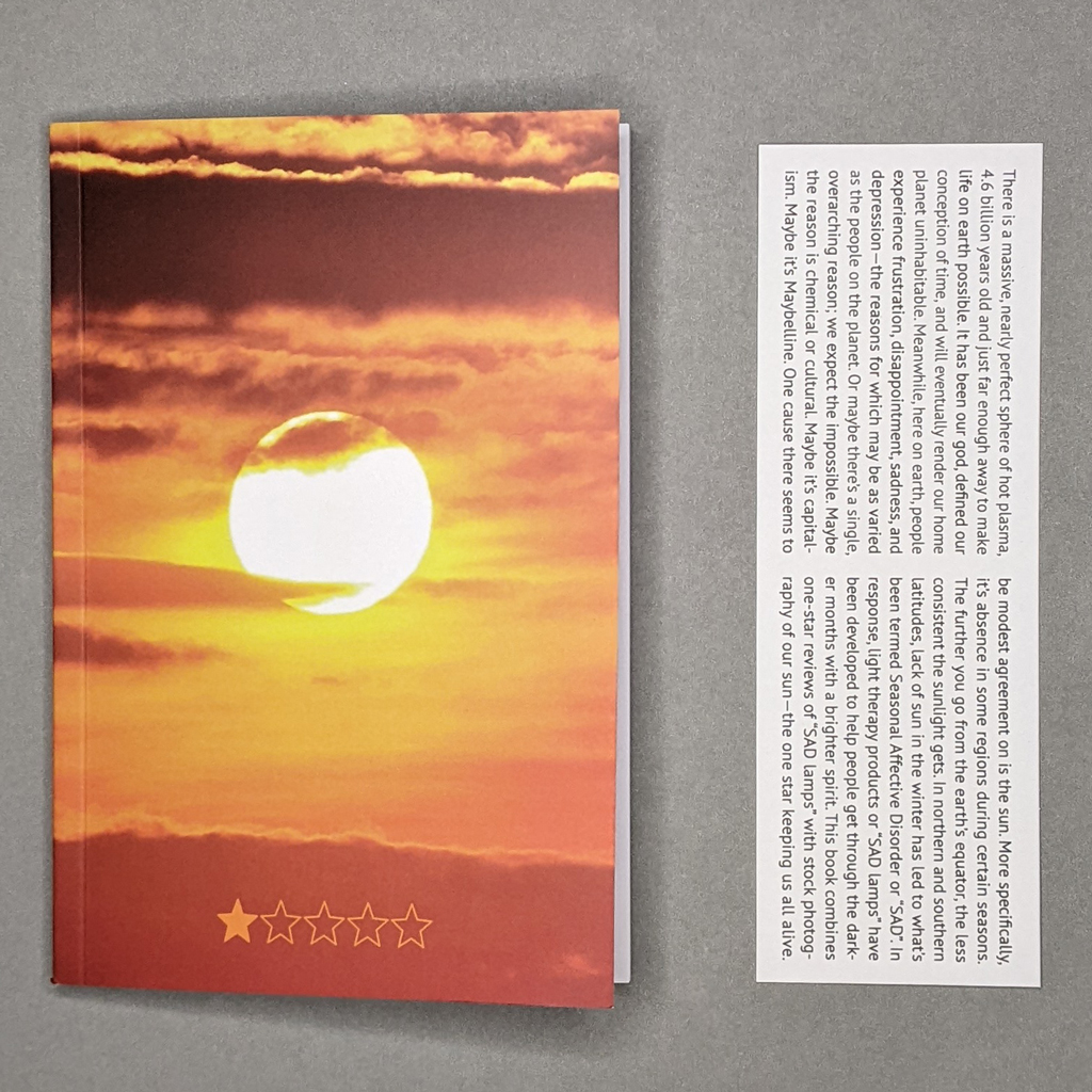 One Star and its accompanying bookmark. The cover image is a photo of the glowing Sun in a cloudy sky, with 5 stars at the bottom in a rating scale.