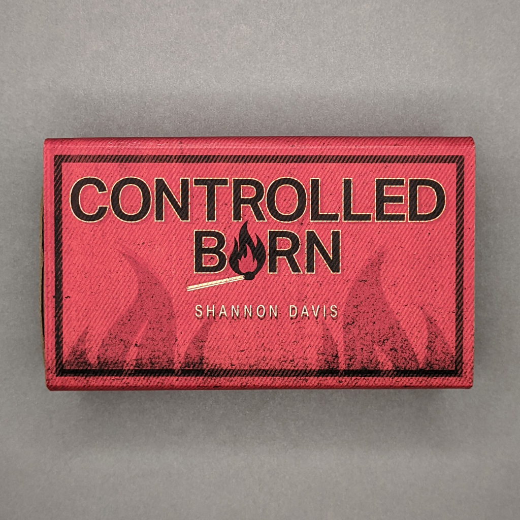 Top-down view of Controlled Burn's enclosure, which mimics a vintage-style matchbox. The background is red with a flame motif. The title text is an illustrated logotype with a burning match replacing the 'u' in 'burn'.