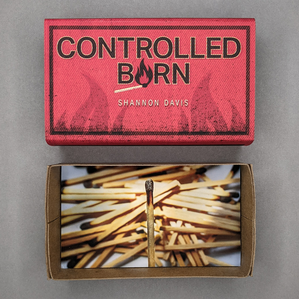 Top-down view of Controlled Burn's enclosure, opened. The slipcase is above the bottom tray, which has an on-laid photograph of a pile of spent matches, with a single match held closer to the viewer. 