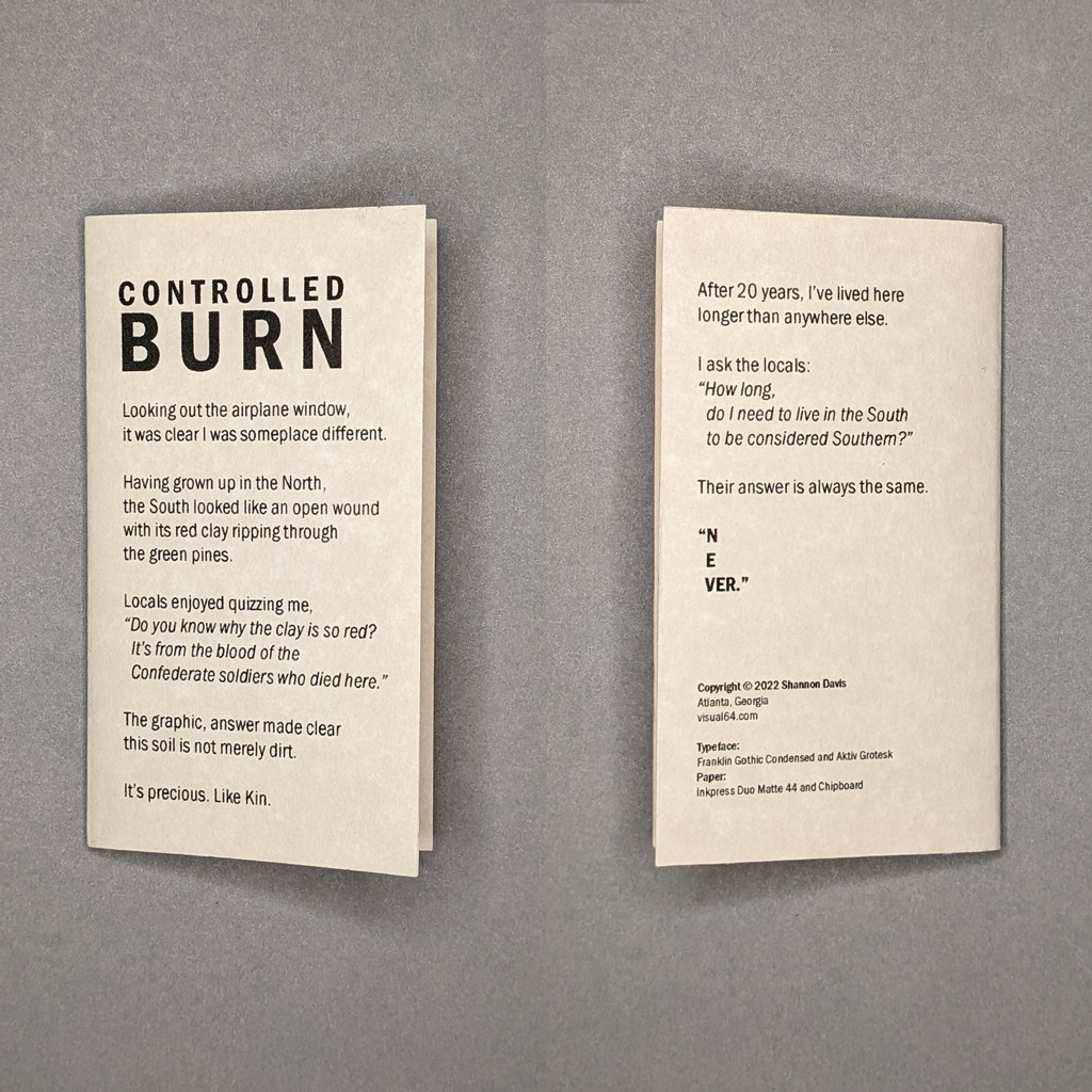 A composite image of Controlled Burn's drum-leaf pamphlet. On the left, the front cover begins a first-person narrative. On the right, the back cover shows the end of the narrative and the book's colophon.