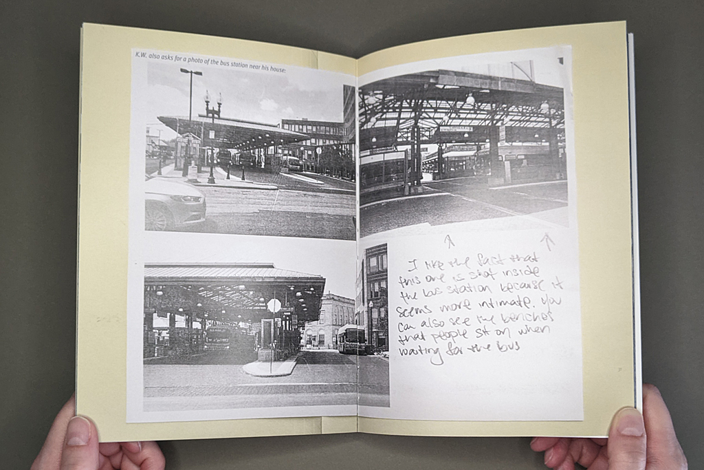 Pictures From the Outside, inside spread: full-page spread with a facsimile laser print with 3 photos plus hand-written annotations