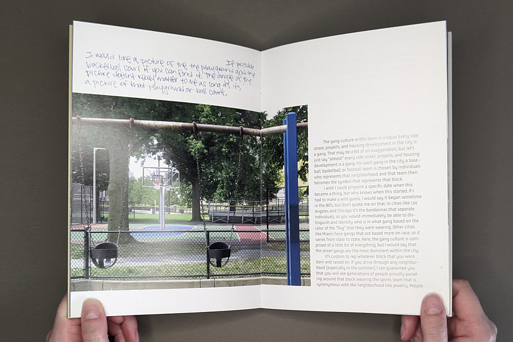 Pictures From the Outside, inside spread: a photo of a playground on the left with handwritten text in a margin above and typeset text in a margin on the right