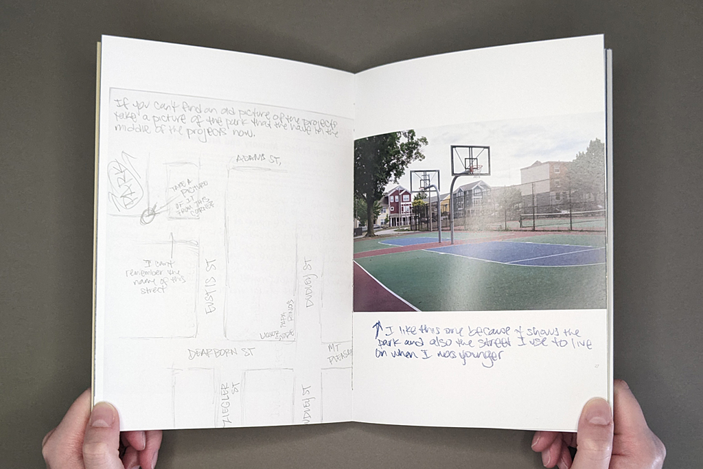 Pictures From the Outside, inside spread: Verso has a facsimile hand-drawn map; recto has a photo of a basketball court with hand-written annotations in the margin below