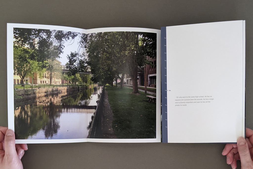 Pictures From the Outside, inside spread: one side of a gatefold spread is open, for a total of 3 pages. The inside pages have a photo of a tree-lined creek or canal; the outside has typeset text on a white background