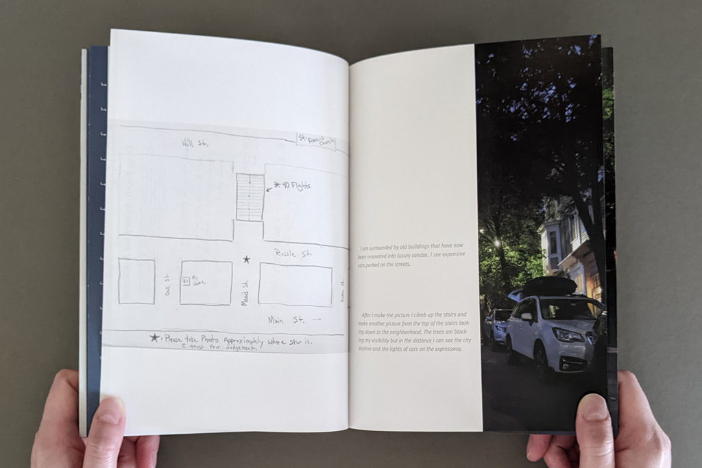 Pictures From the Outside, inside spread: Verso shows a facsimile hand-drawn map; recto is split vertically with typeset text on the left and a photograph of a street on the right 