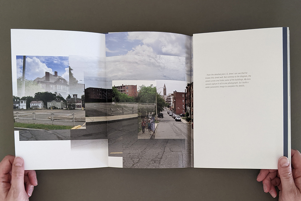 Pictures From the Outside, inside spread: one side of a gatefold spread is open, for a total of 3 pages. The inside pages have a panoramic photomontage; the outside has typeset text on a white background