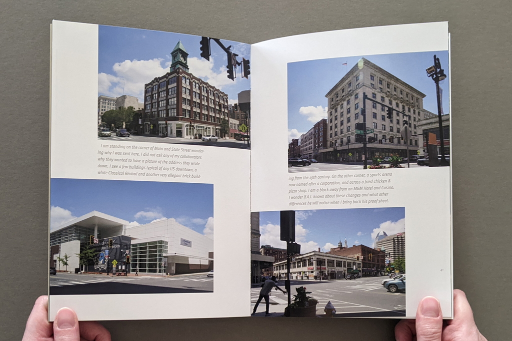 Pictures From the Outside, inside spread: 4 photos document the same corner from different angles, with narrative text in the margins between them