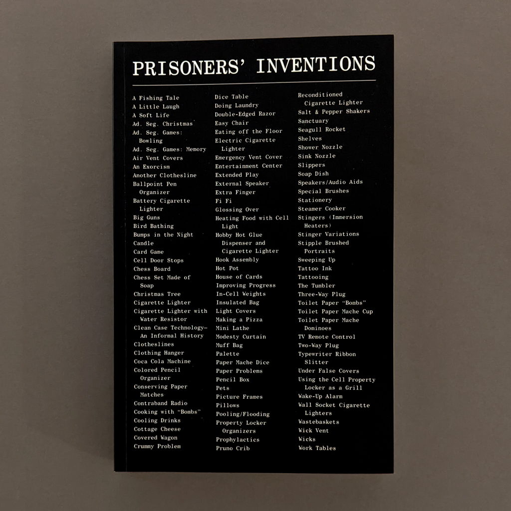 Prisoners’ Inventions front cover: Beneath the white title text at the top are three columns of white text on a black background, listing all the inventions in the book