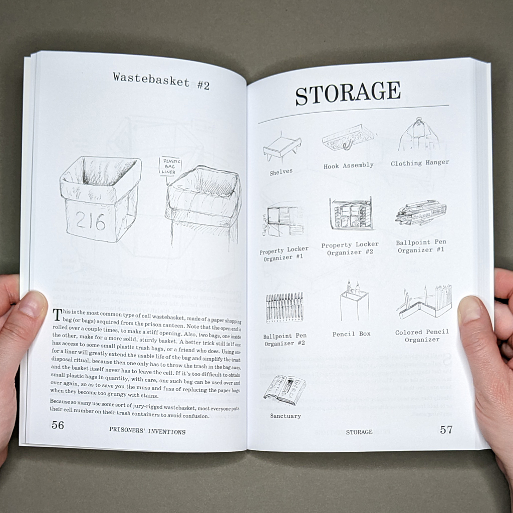 Prisoners’ Inventions, pp. 56-57. Verso: "Wastebasket #2" has a detailed line drawing with paragraphs of explanatory text below; Recto: "STORAGE" is a visual table of contents with a grid of thumbnail drawings and titles.